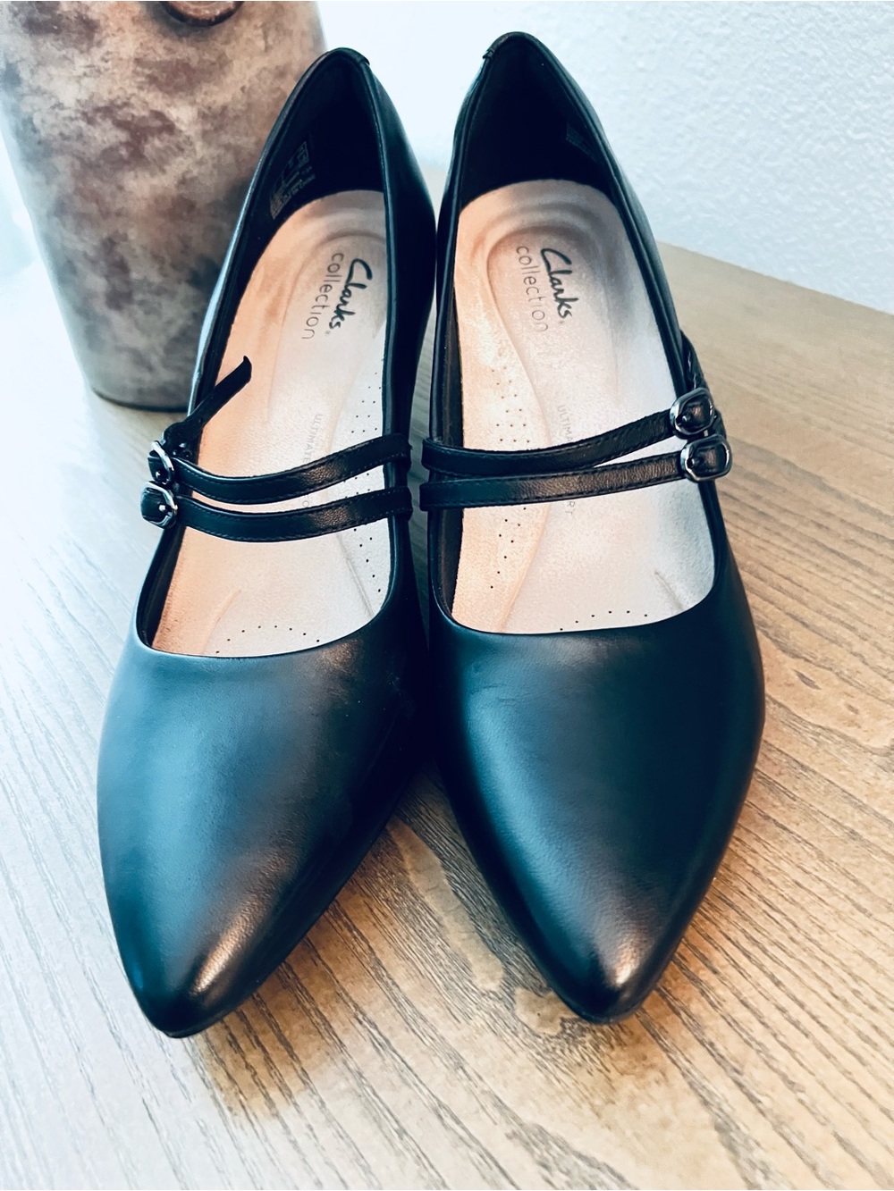 Clarks Black Pointed Mary Jane Heels with Dual Straps